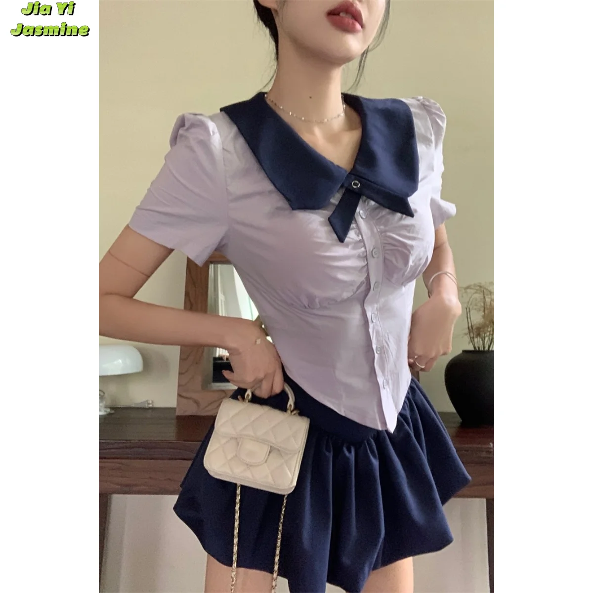 

Academy style JK suit women's slim fit shirt top summer high waisted A-line short skirt half skirt two-piece set