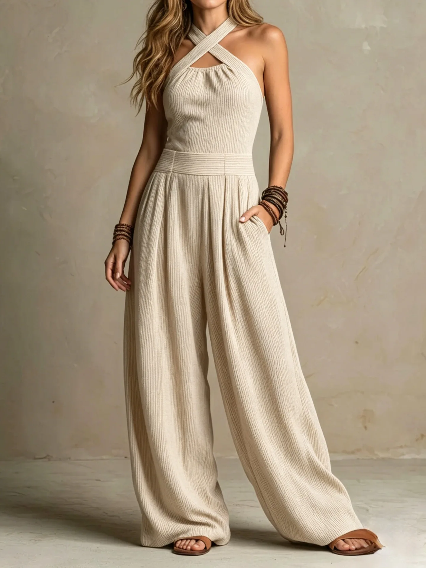 

Women's Summer Elegant Jumpsuit Cross-Neck Solid Color Casual Versatile Fashion Comfortable Daily Style Wide Leg Jumpsuit