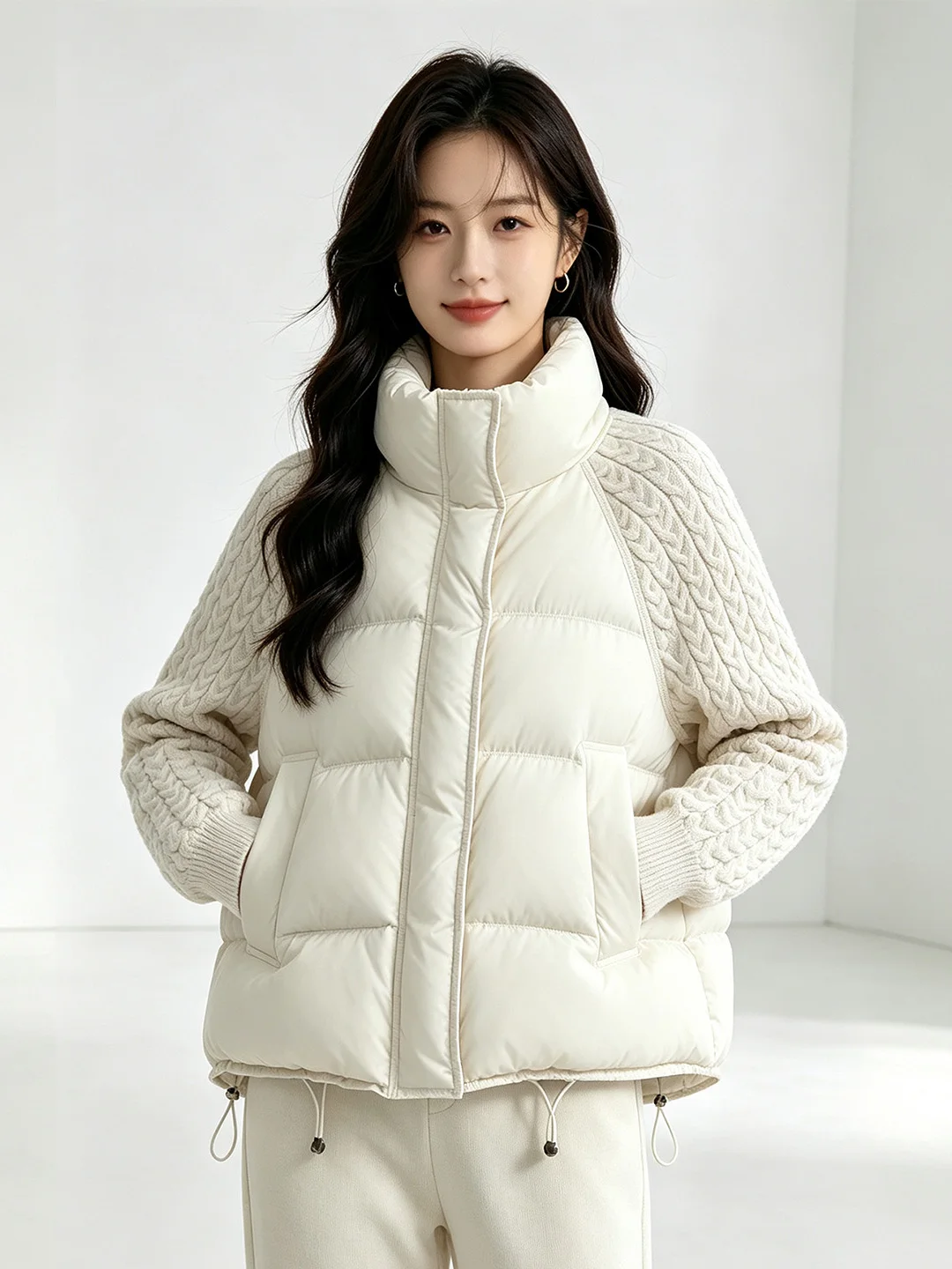 Korean Style Warm Knitted Cotton Jacket Women's Winter Clothes Small Size Bread Long Sleeve Zipper Closure Stand Collar