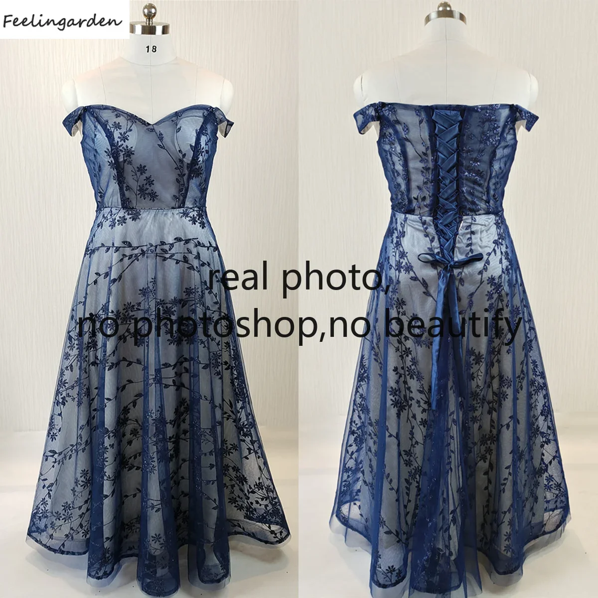 

Feelingarden Customized Real Photo Evening Dress Navy Blue Glitter Off the Shoulder A-line Floor Length Plus size Formal Gowns