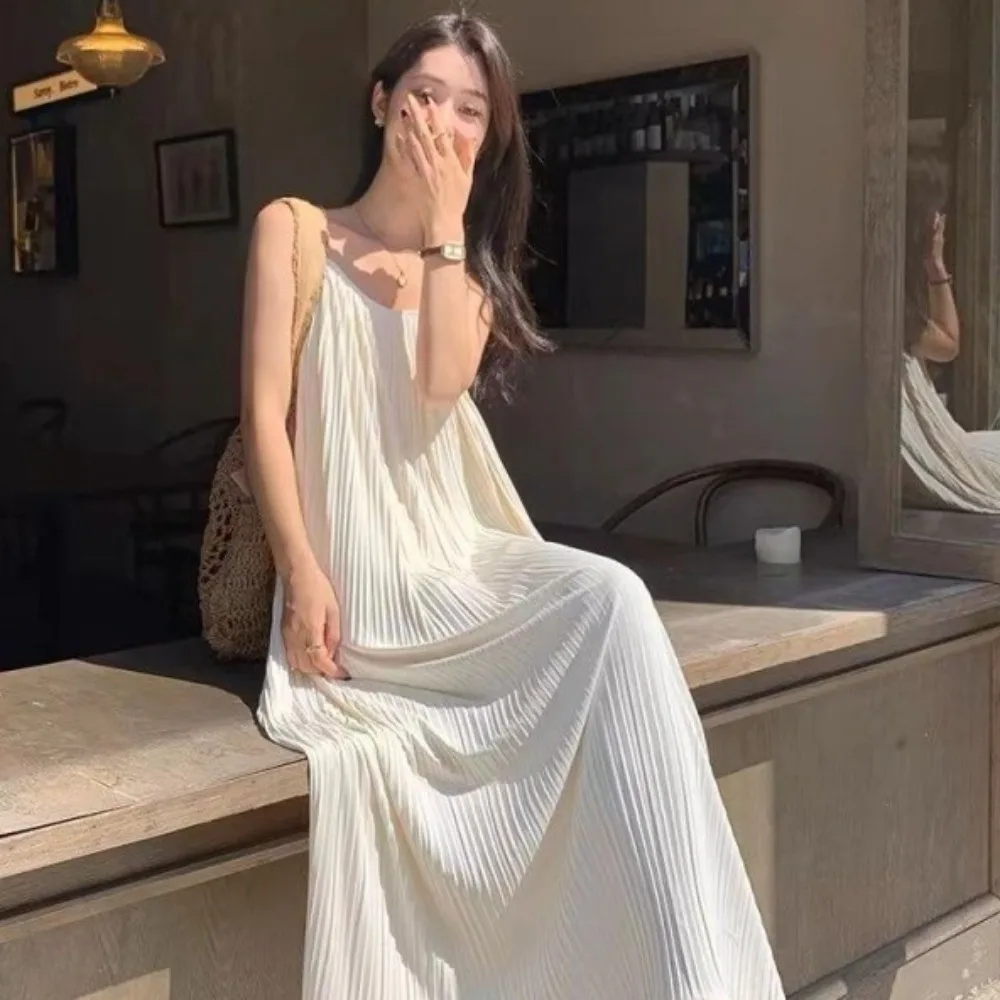 Fashion A-line Loose Sling Dress Solid Color Beachwear Sleeveless Long Dress Round Neck Beach Vacation Sundress Streetwear