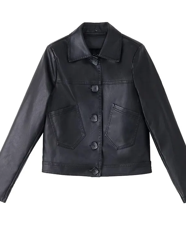 عارضة السائق الجلود Jaet حجم صغير ربيع الخريف منفذ العلامة التجارية المرأة فضفاضة تناسب بو الجلود طويلة Sve زر مزين