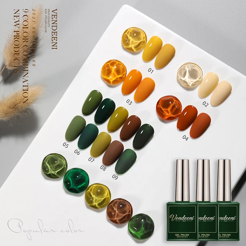 Vendeeni 9 Colors/set Autumn Color Series Gel Nail Polish Soak Off UV LED Green Deciduous Yellow Nail Art Gel Lacquer Varnish