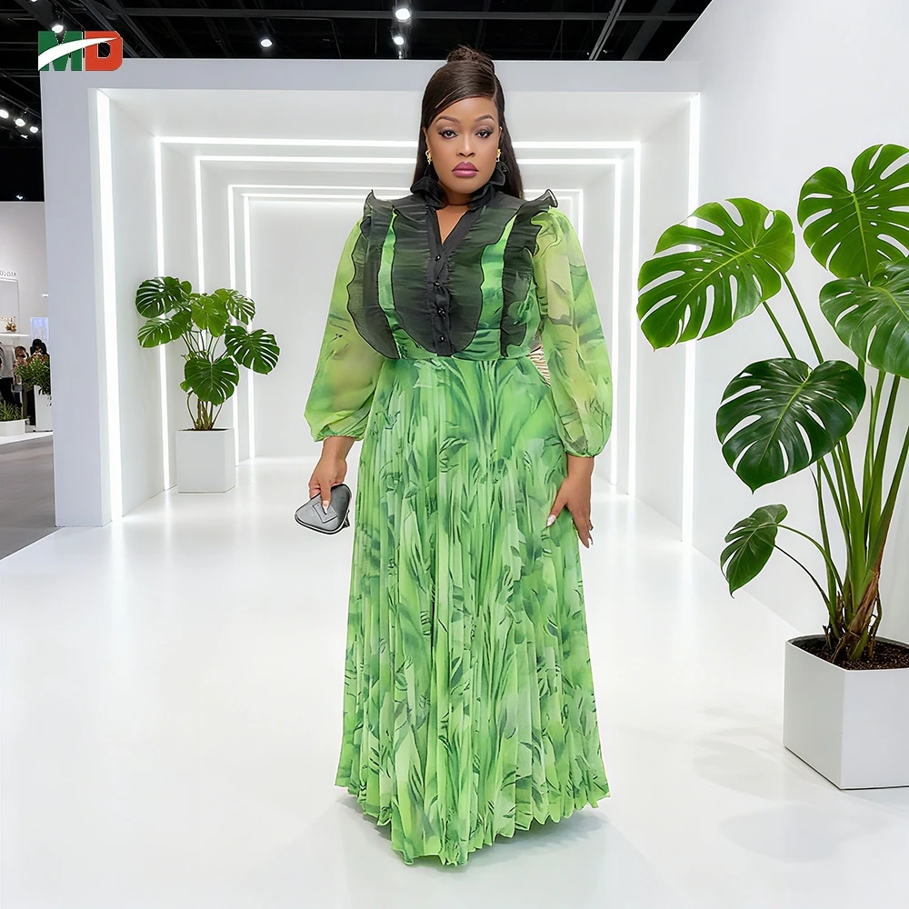 Gaun Maxi Motif Bunga Afrika Baru dengan Kerah Berlipit Hitam, Lengan Mengembang, Desain Rok Lipit untuk Pesta Taman dan Pemakaian Sehari-hari