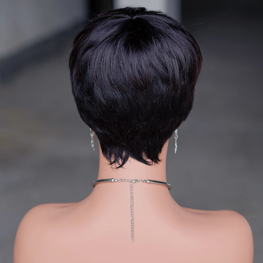 Short Pixie Cut Human Hair Wig for Women Natural Black Brazilian Hair Wig Glueless Wigs with Bangs  Cheap  Wear and Go Wigs