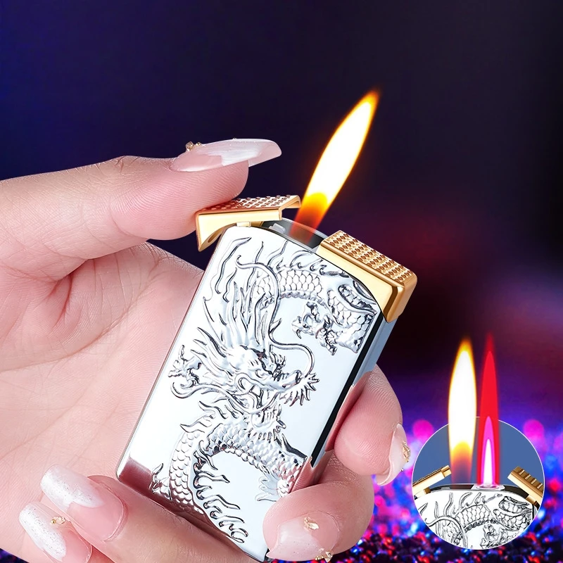 

Windproof Dual Flame Inflatable Lighter with Straight Flame Blue Flame Butane Gas Lighter Cigarette Accessories Men's Gift