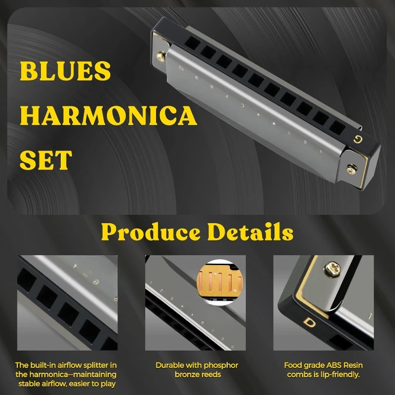 Harmonica Set of 7, 10 Holes Blues Harp Mouth Organ Harmonica Set with 7 keys, C D E F G A Bb Key, Diatonic Harmonica