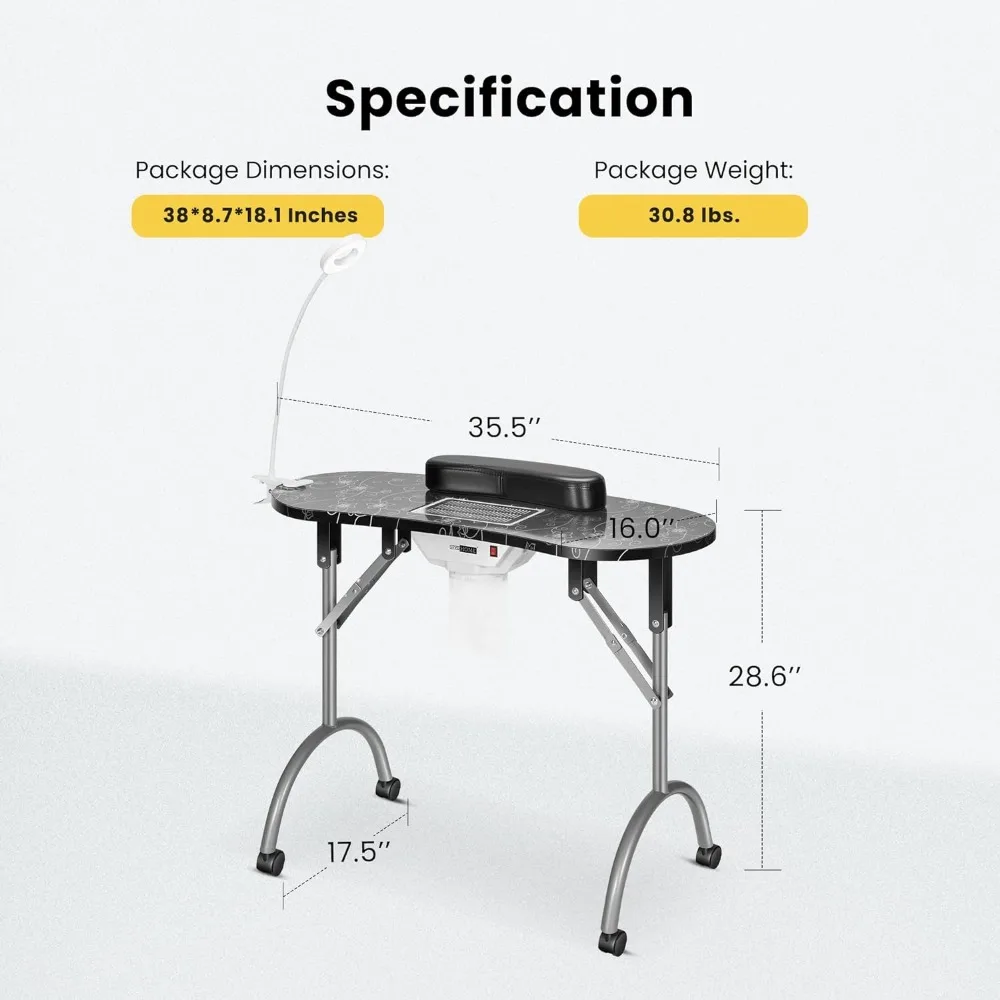 VIVOHOME-MESA DE MANICURA portátil con ruedas, colector de polvo incorporado, lámpara de mesa LED con enchufe USB actualizada