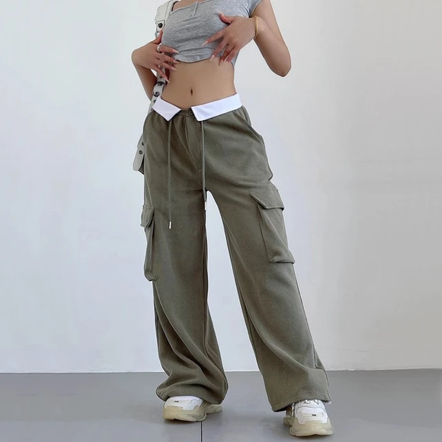 Pantalones Cargo con bolsillo y cintura doblada para mujer AliExpress