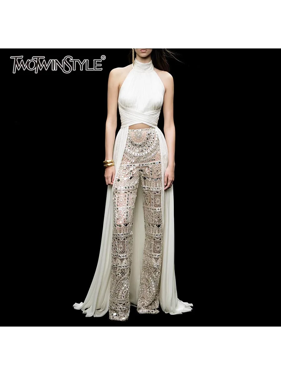 

TWOTWINSTYLE Solid Slimming Spliced Folds Fashion Blouses for Women Halter Sleeveless Tunic Patchwork Long Tail Blouse Female