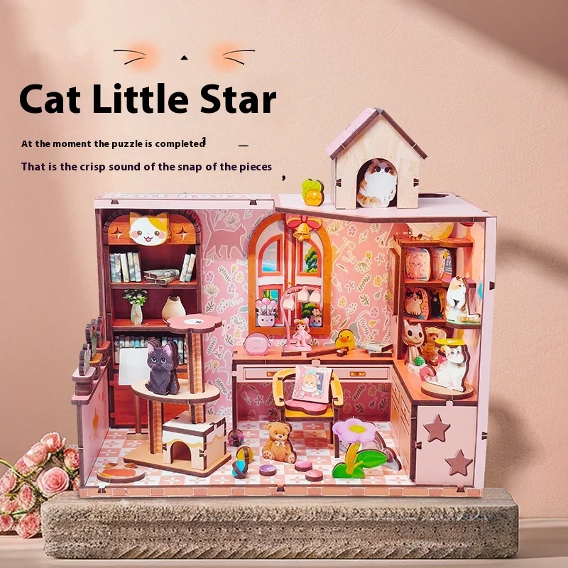 

Wooden DIY Miniature Cat House Toy Assembly Model Scene Decoration Children's Birthday Gift surpris Dollhouse Accessory ornament