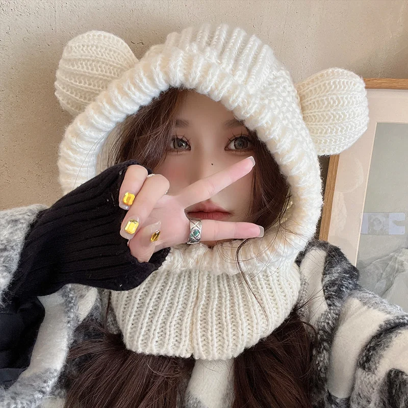 Cartoon Bear Women Hooded Beanies Winter Warm Ear Protection Scarf Cap Korean Solid Wool Knitted Hat Outdoor Windproof Headgear