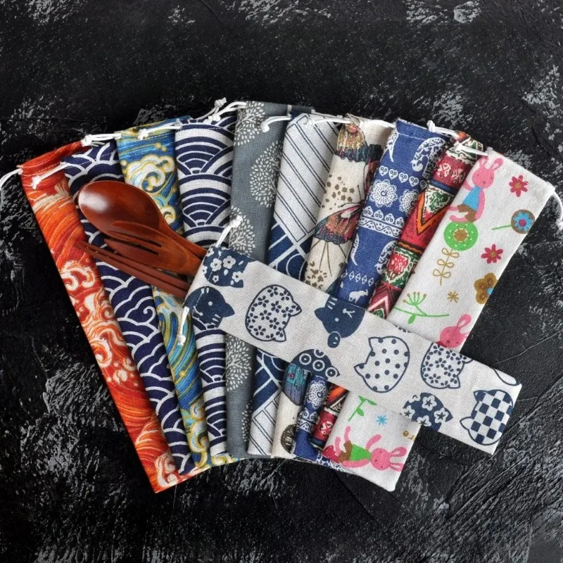 1 Stück tragbare Utensilientasche, japanischer Beutel mit Kordelzug für Strohhalm, Löffel, Stäbchen, Reise-Besteck-Organizer, leicht