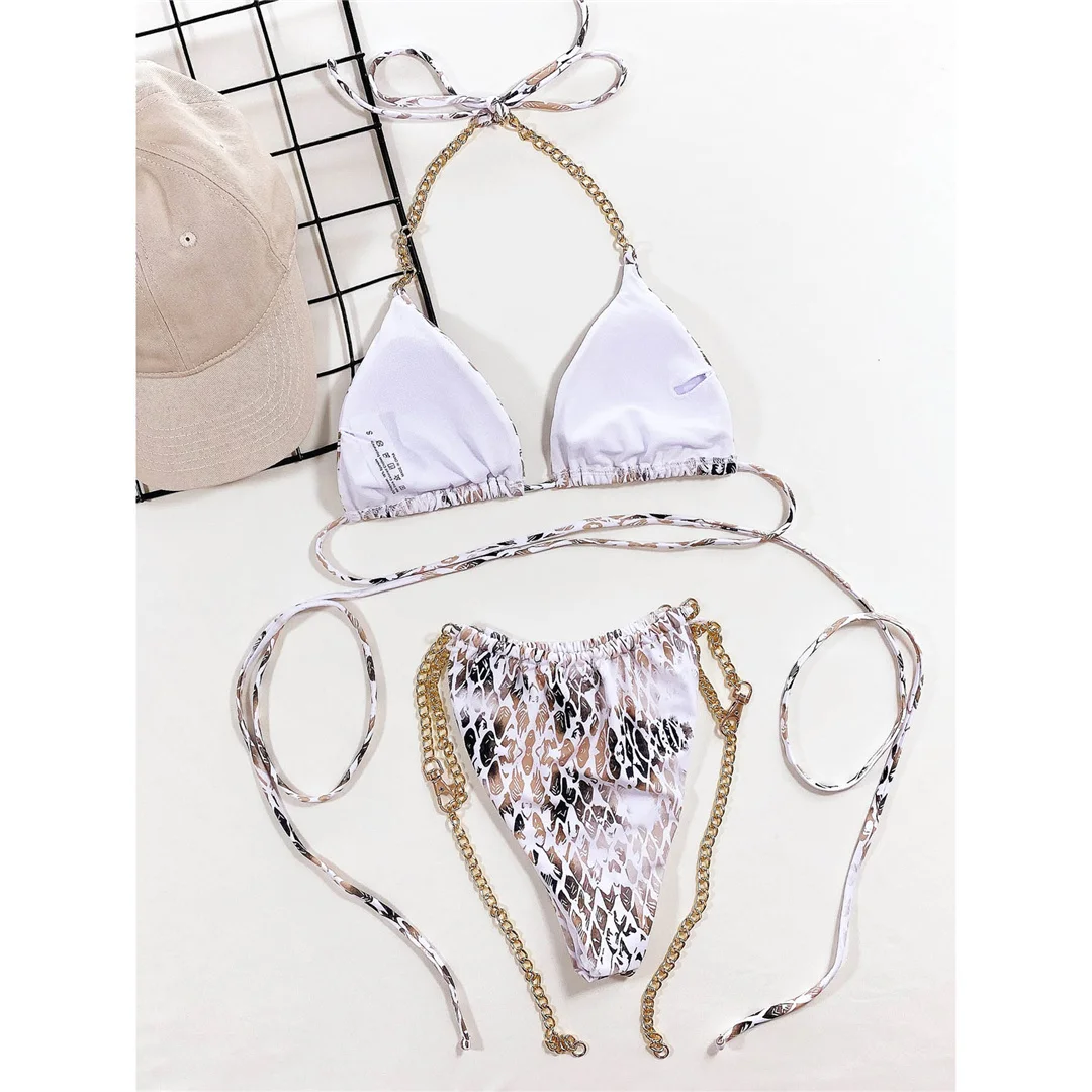 Bikini mit Schlangenhautmuster, Metallkette, Neckholder, Damen-Badebekleidung, zweiteiliges Bikini-Set, Badeanzug, Badebekleidung, Schwimmbikini V3233 – Detail 10