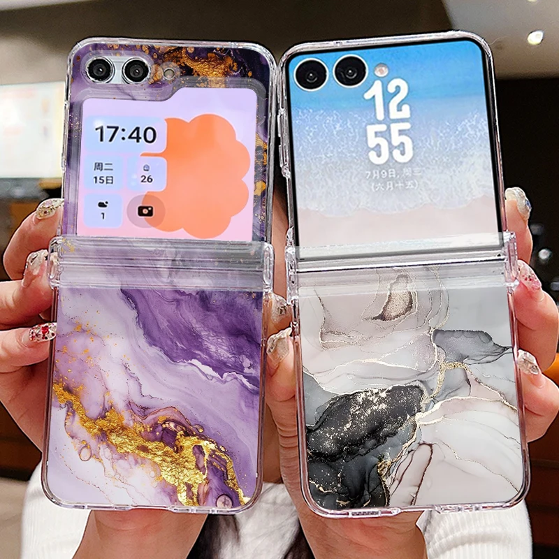 Marble Texture Pattern Phone Case For Samsung Galaxy Z Flip 7 FE 8  6 5 4 3 5G Flip7 Flip8 Clear Shockproof Folding Hard Cover