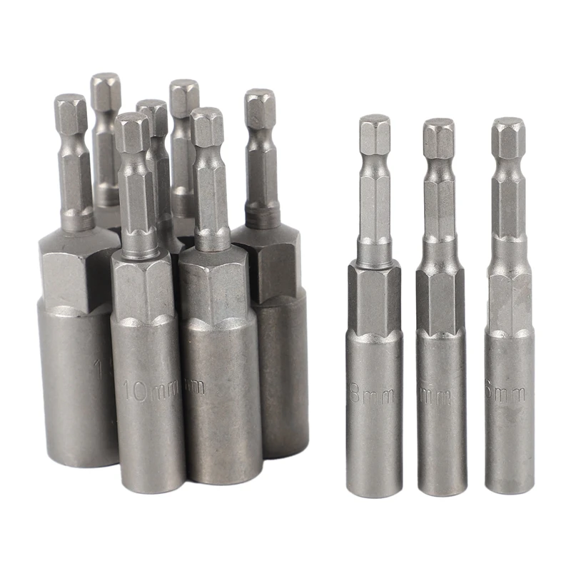 10Pc 1/4 Inch Wrench Hex Bit Socket Set Deep Long 1/2 Inch Impact Drill Socket Adapter Drill Bits