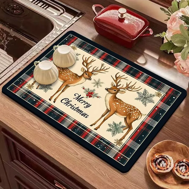VIKAMA Diatomite Drying Mat, Super Absorbent Fast Drying Heat Resistant Eco-Friendly Kitchen Counter Christmas Deer
