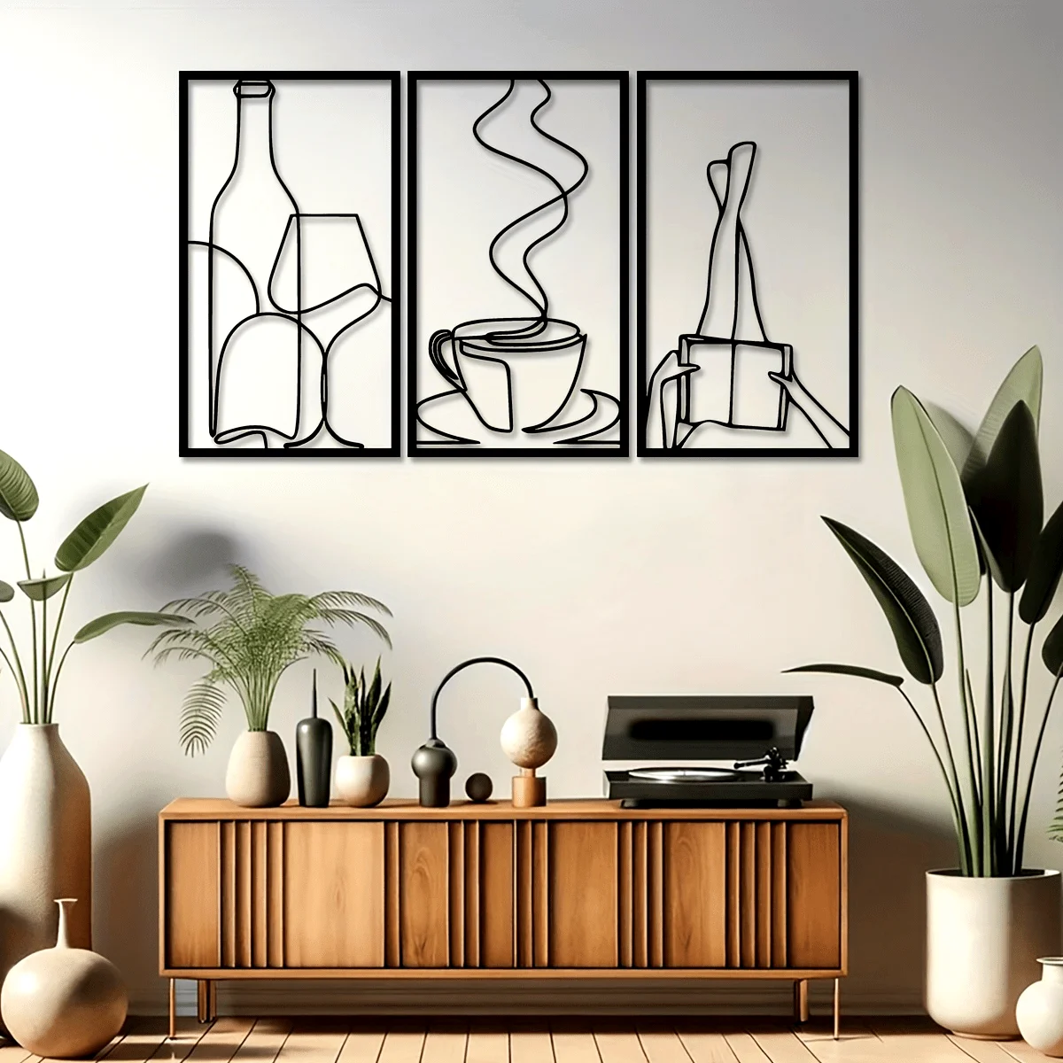 3er-Set minimalistische Buchholz-Wandkunst aus Metall, 22,61 cm x 39,88 cm, Buchliebhaber-Line-Art-Metalldekor, minimalistische Wandkunst für Kaffeeliebhaber