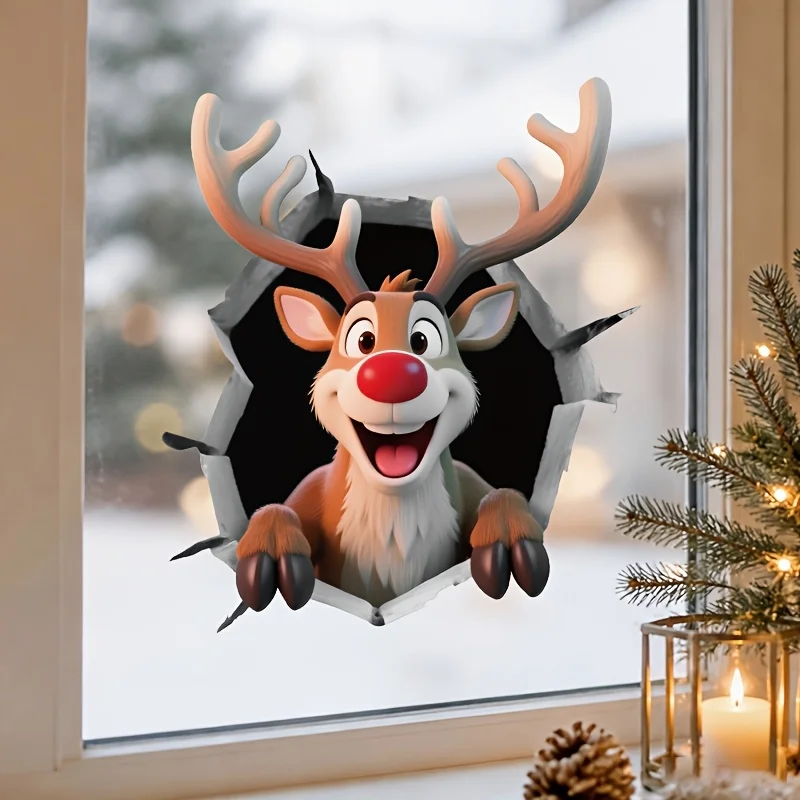 1 Stück Niedlicher Weihnachts-Rentier-Fensteraufkleber, Abnehmbarer PVC-Selbstklebeaufkleber für Glas, Spiegel, Wasserdichte Dekoration