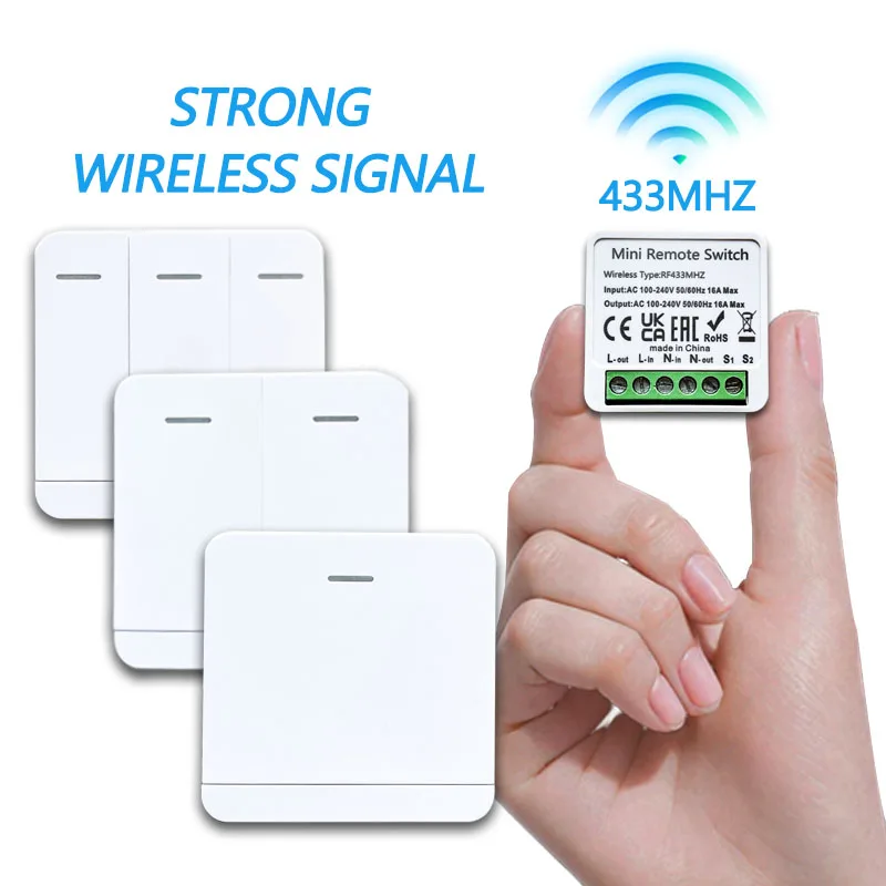RF 433MHZ sakelar pintar Mini sakelar lampu LED 100-220V 86 pengendali jarak jauh Panel dinding penerima Relay 1/2/3 Gang Untuk kipas lampu rumah