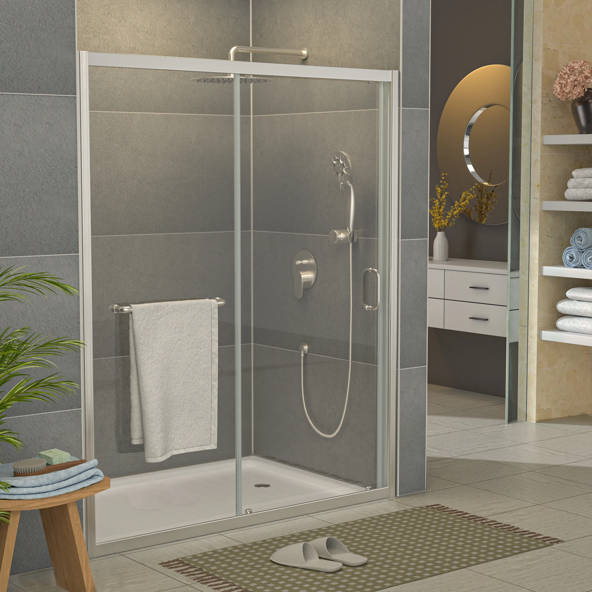 حاوية باب دش منزلقة من النيكل المصقول، تصميم بسيط على شكل واحد مع باب دش زجاجي مقسى #6