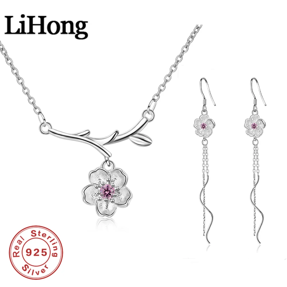Lihong 925 Sterling Silver Wisiorek Naszyjnik Kolczyki Sakura Tassel Zestaw Biżuteria zaręczynowa Prezenty dla kobiet