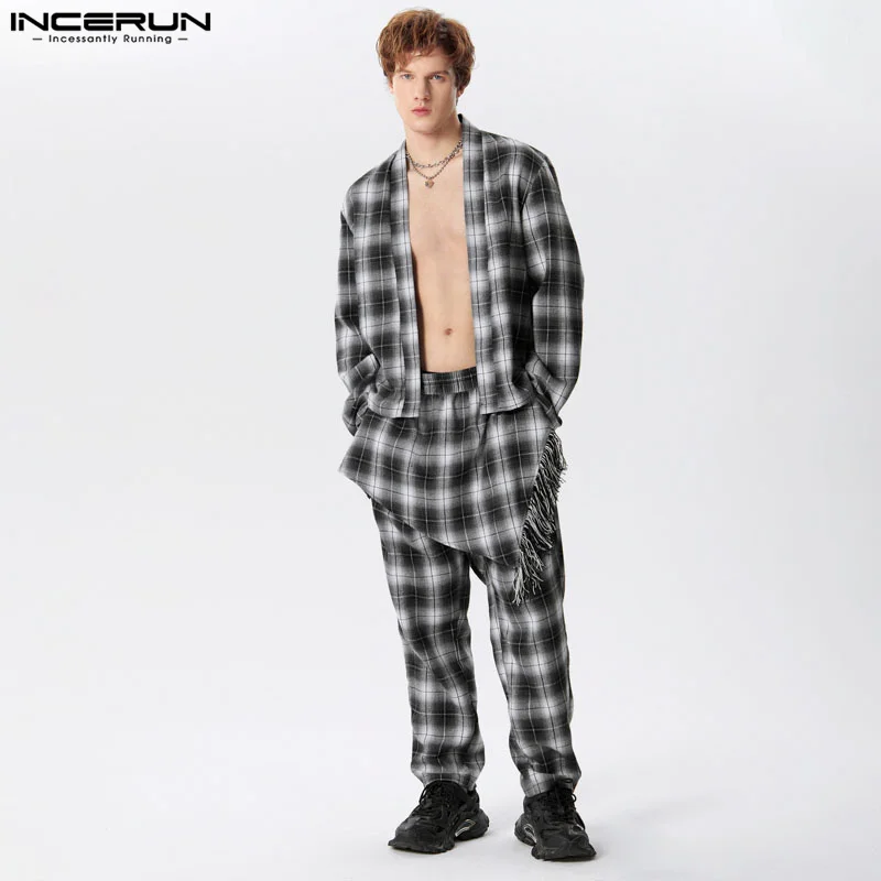 

INCERUN Men Plaid Sets Long Sleeve Open Stitch Cardigan Shirt & Irregular Pants 2PCS Streetwear 2024 Fashion Men's Casual Suits