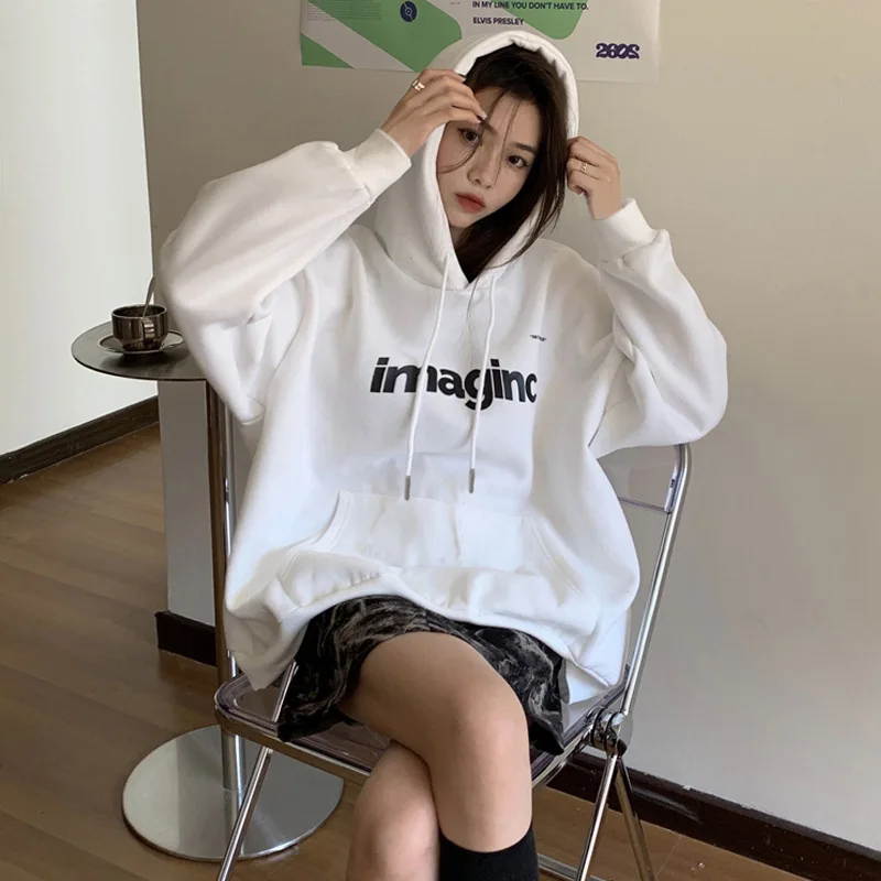 

New autumn and winter plush thick black hooded sweatshirt for women, mid to long, loose fit jacket, trendy