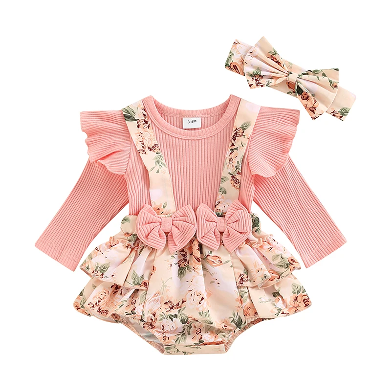 Infant Baby Girls Autumn Elastic Jumpsuit Outfit Floral Cotton Ribbed Casual Long Sleeve Splicing Rompers Headband Set