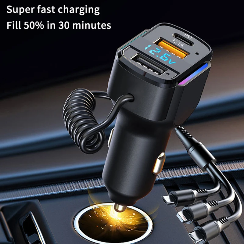 

65W Car Charger Quick Charge QC3.022.5W Type C Car USB Quick Charge 3 in 1 Charging Cable 7 Colours RGB Lights For iPhone Huawei