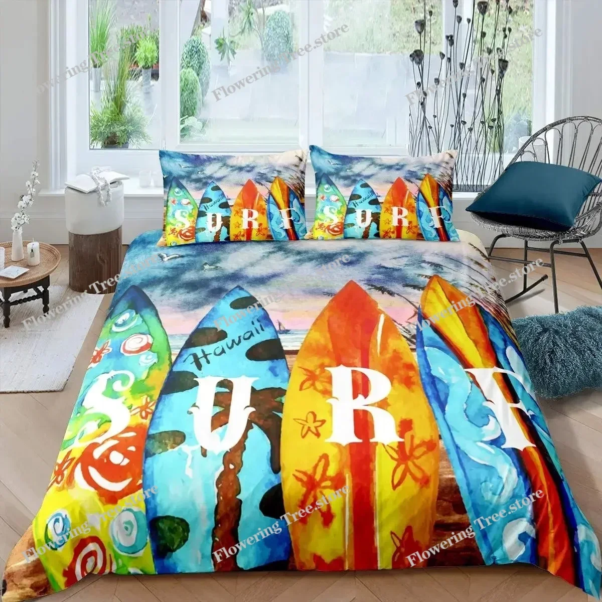 Surf Duvet Cover Set Beach Printed Hawaii Vacation Bedding Set for Adult Women Girl Tropical Botanical Polyester Comforter Cover