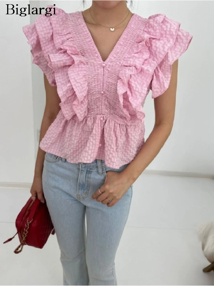 

Summer V-Neck Shirts Tops Women Ruffle Pleated Slim Sexy Fashion Bodycon Ladies Cropped Blouses Korean Style Woman Shirts