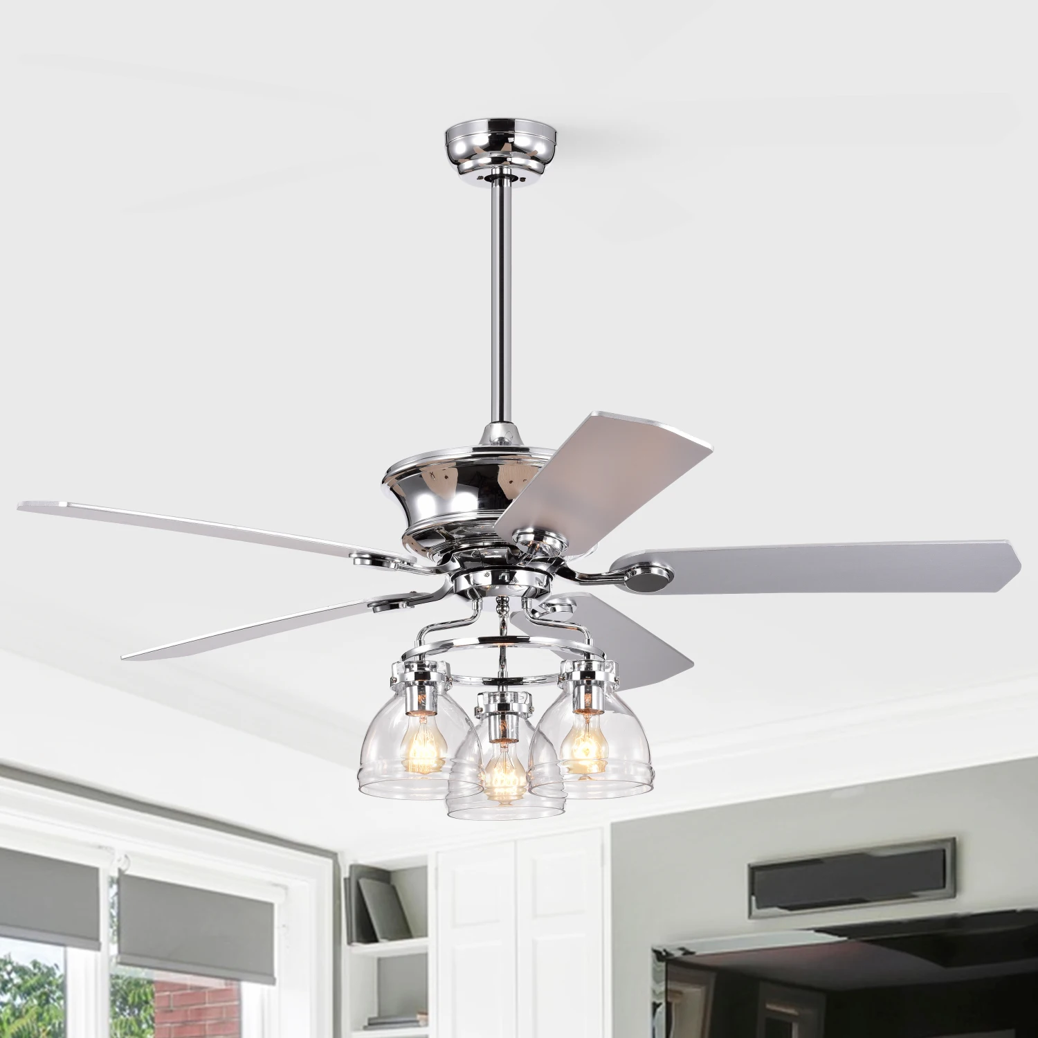 52-in Farmhouse Glass Shade 5-Blade Reversible Ceiling Fan with Light Kit and Remote - 52 Inches For Bedroom ,Living Room--Chrom