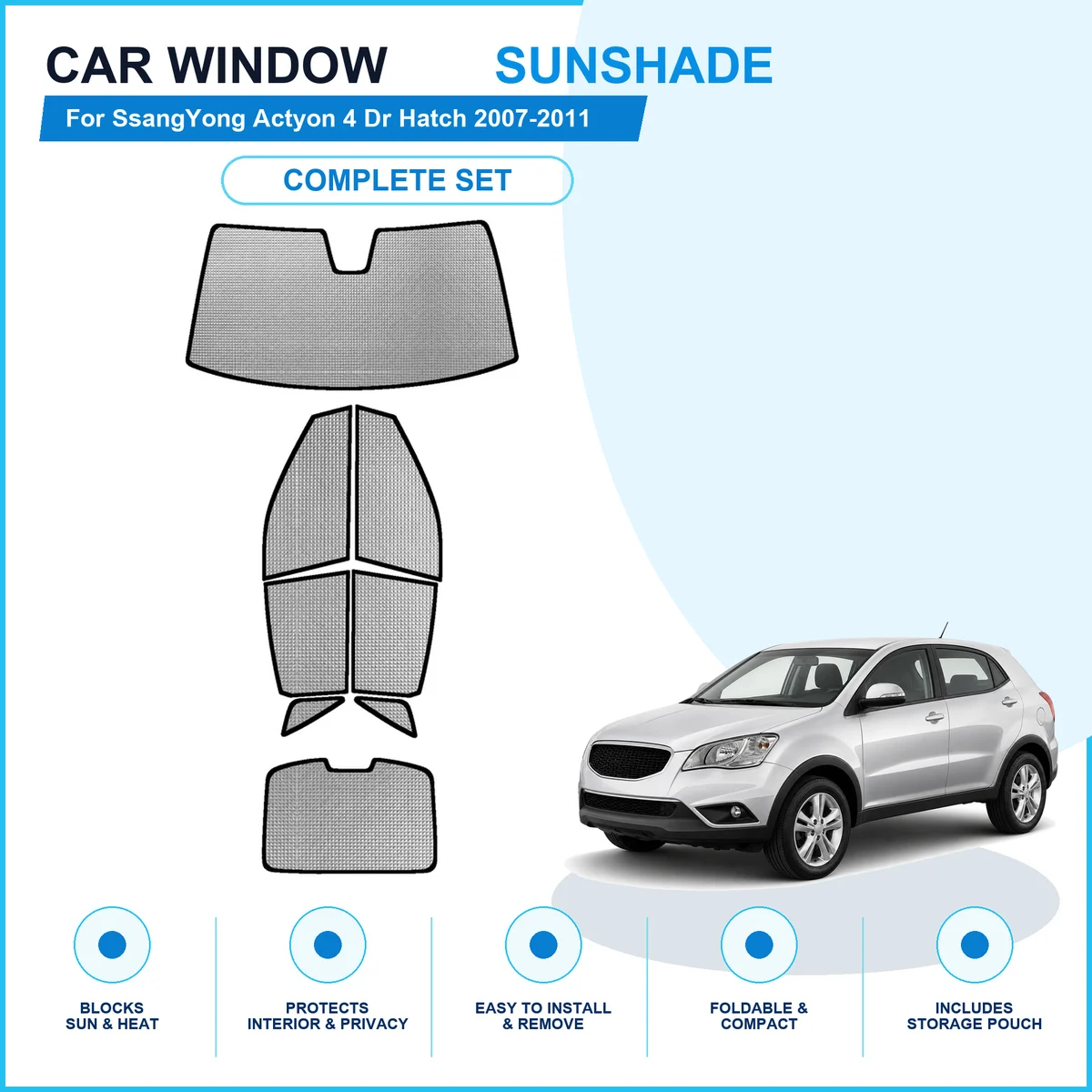 For SsangYong Actyon 4 Dr Hatch 2007-2011 Custom Full Set Window Sunshades Aluminum Foil Suction Cup Anti UV Privacy