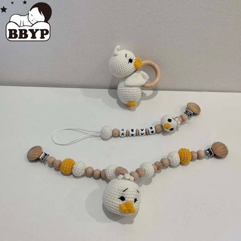 Personaliza Baby Wood Crochet Stroller Toys Duck Bed Hanging Rattle Toy Animal Pendant Bead Bracelet Baby Crib Mobile Rattle Toy