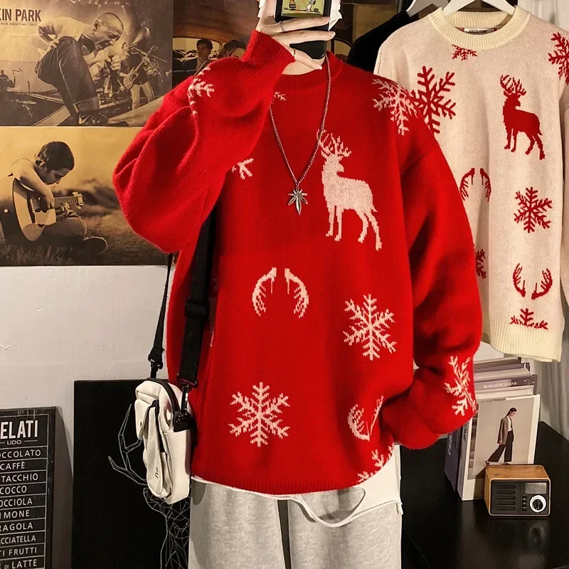 Maglione natalizio da uomo lavorato a maglia o-collo stile coreano coppia top pullover a maniche lunghe buone vacanze festival coppia abiti invernali