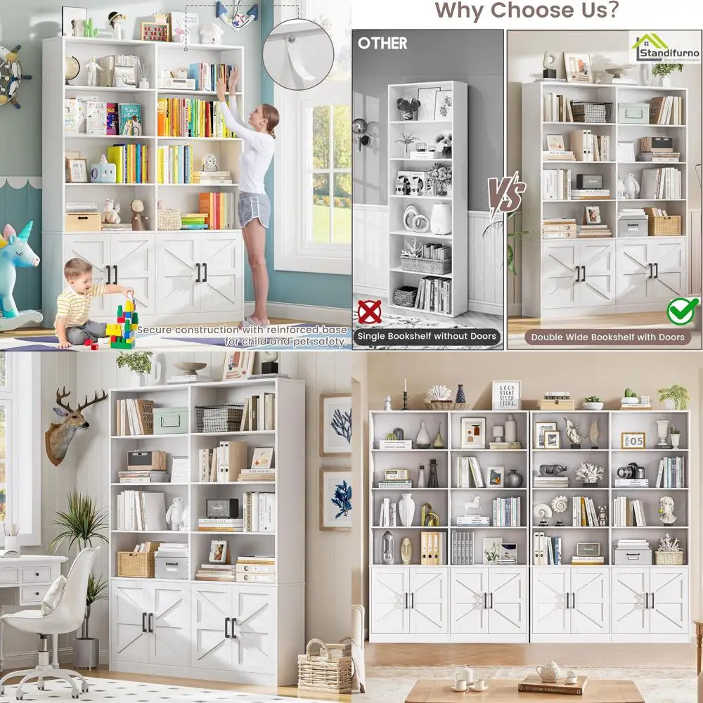 Large 71 Double Bookshelf with 4 Doors and Storage Cabinets for Home or Office