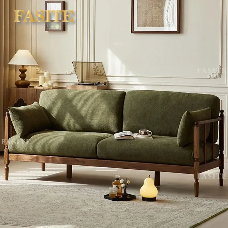 For French Retro Black Walnut Solid Wood Sofa Removable Washable Fabric 3 Seater Couch for Living Room Durable Comfortable