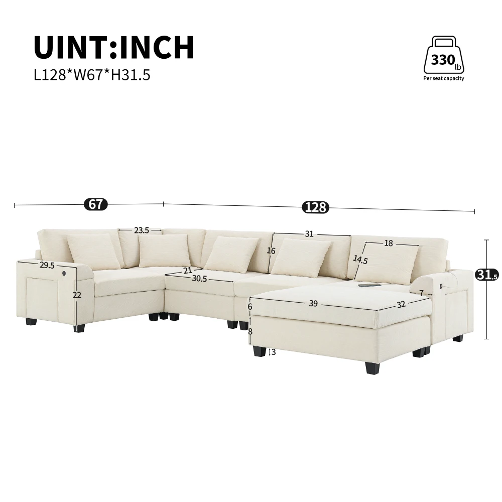 U-Shaped Sectional Sofa, 6-Seat Chenille Couch with Oversized Ottoman, Hidden Armrest Storage, Cup Holders & USB Charging Ports