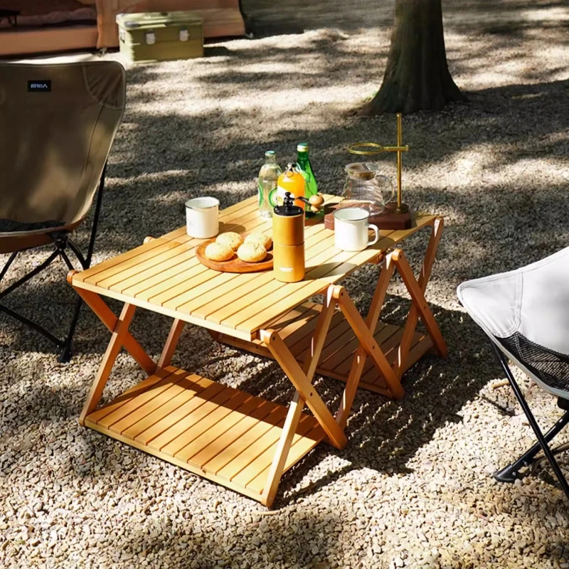 

Solid Wood Outdoor Folding Table Camping Portable Multi Layer Storage Storage Rack Camping Table Can Transform Shape Furniture