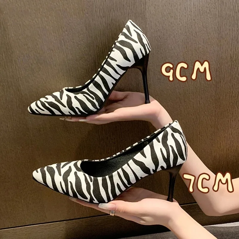 Fashion Zebra Striped Pointed Toe Pumps Women Plus Size Slip On Stiletto High Heel Shoes Woman 2024 New Shallow Office Shoes 43