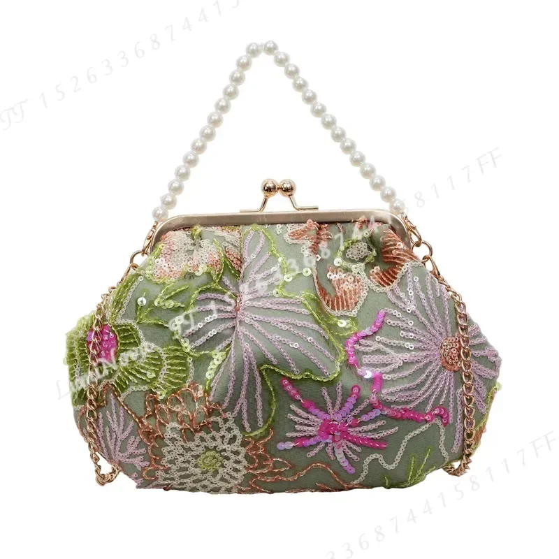 Flower Sequin Embroidered Pearl Clutch Bag Light Luxury Celebrity Style Chain Crossbody Evening Dinner Purse for Women view 4