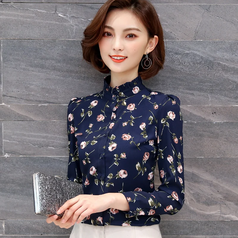 Vintage Printed Stand Collar Ruffled Floral Shirts Women\'s Clothing 2023 Autumn Winter New Loose Casual Tops Office Lady Blouses