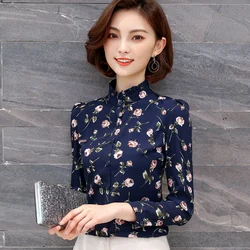 Vintage Printed Stand Collar Ruffled Floral Shirts Women's Clothing 2023 Autumn Winter New Loose Casual Tops Office Lady Blouses