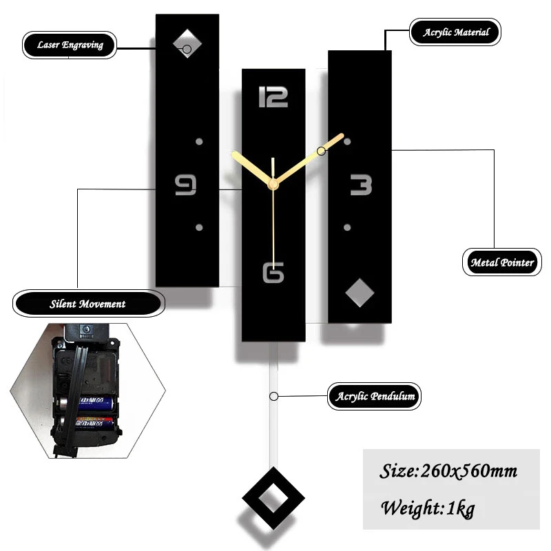 Black Acrylic Creative Swing Wall Clock Living Room Bedroom Silent Home Fashion Clock