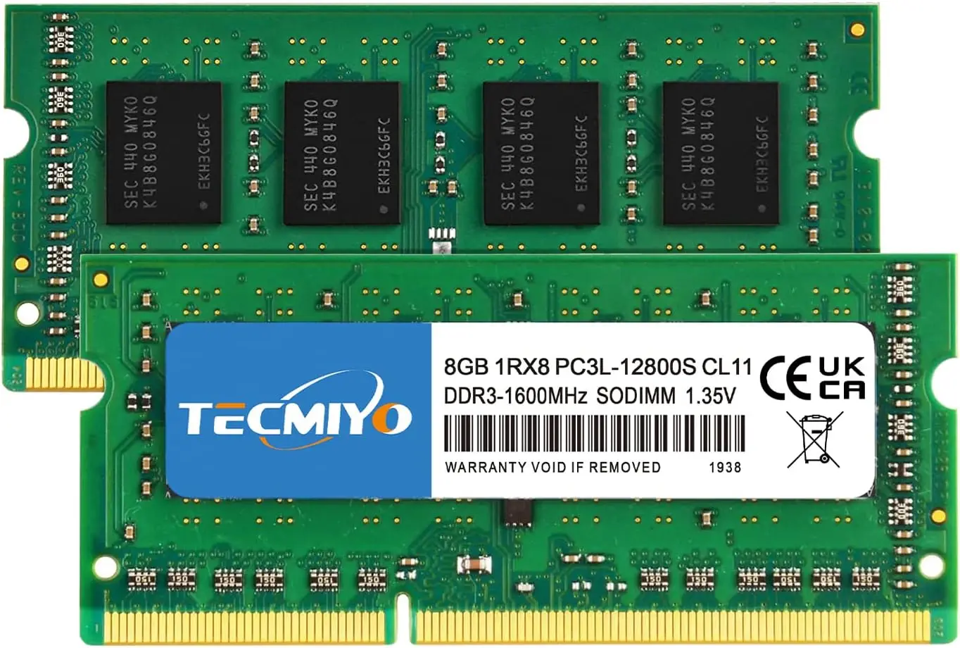 TECMIYO 1 rx8 8GB DDR3L 1600MHz SODIMM pamięć RAM do laptopa 1 rx8 DDR3 8GB 1600MHz SODIMM 1.35V PC3L-12800S Non-ECC - Green