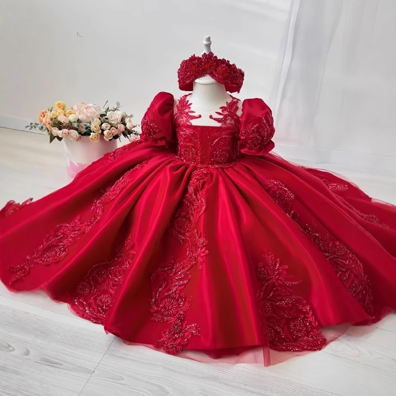 New Girls Christening Dress Long Tutu Gown Children Pageant Red Bow Baby Cute Princess Party Outfit Formal Celebration Attire