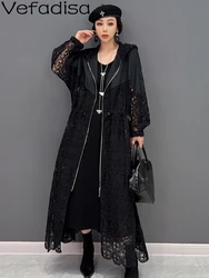 Vefadisa 2024 New Autumn Woman Hollow Out Printing Hooded Trench Coat Loose Mid-length Solid Color Zipper Cardigan Coat LHX3004