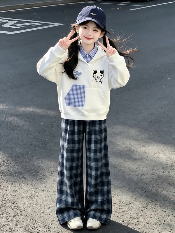 Girls Plaid Pants And Hooded Top Set Autumn Casual Fashionable Little Girl Pocket Two Piece Suit New Model Children's Clothing