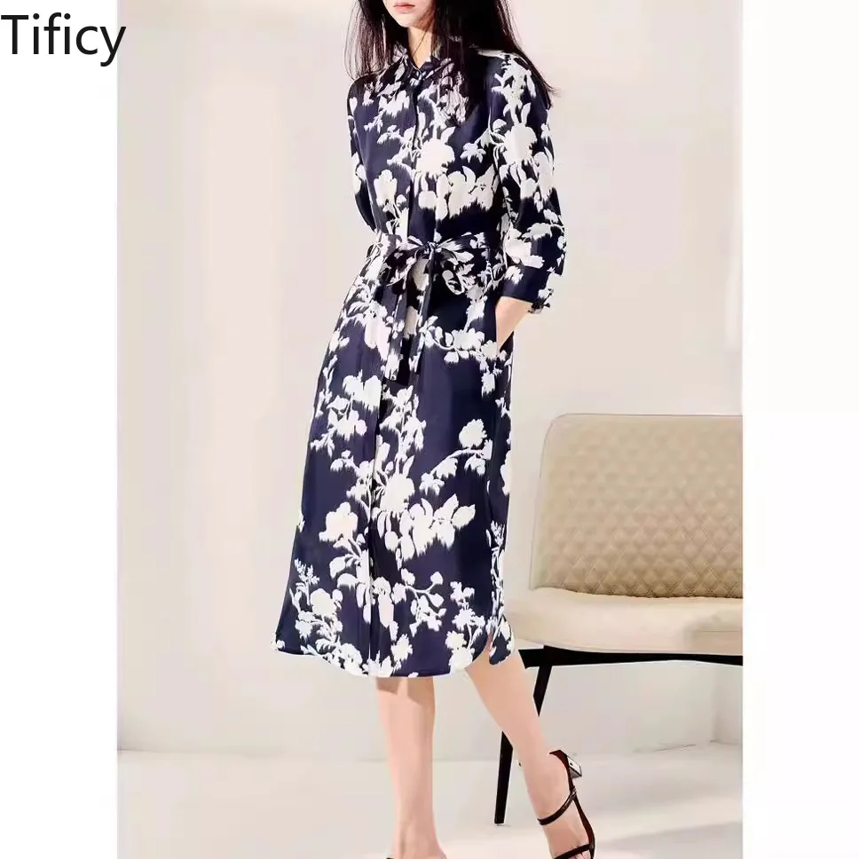 TIFICY 100%silk Women's Spring and Wummer New Twill Silk Traditional Chinese Style Waistband Slimming Split Dress